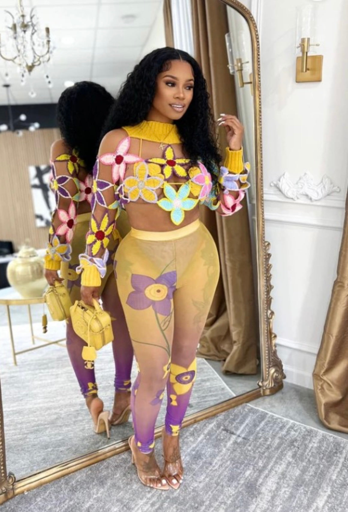 4pcs Flower Patch Top And Leggings Set