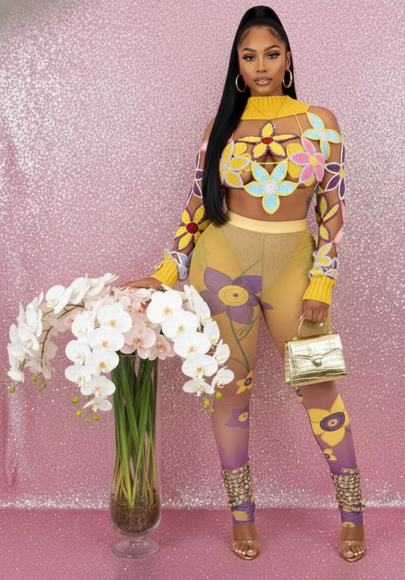4pcs Flower Patch Top And Leggings Set